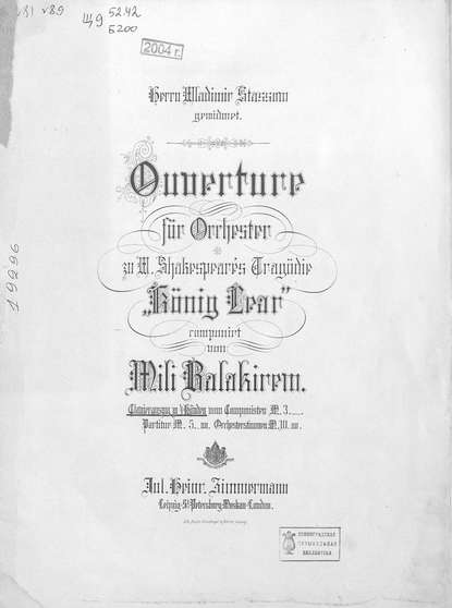 Ouverture fur Orchester zu W. Shakespeares Tragodie Konig Lear — Милий Алексеевич Балакирев